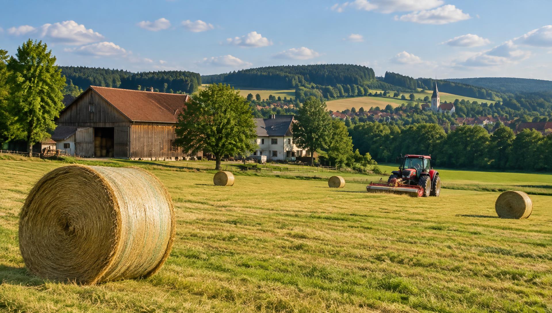 Hof mit Scheune, Strohballen und Traktor auf dem Feld bei Klipphausen